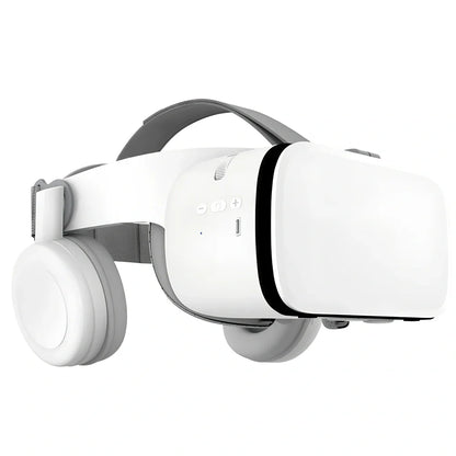 White BOBO Z6 VR Bluetooth headset with resin frame, adjustable straps, and optional controller for 3D smartphone viewing