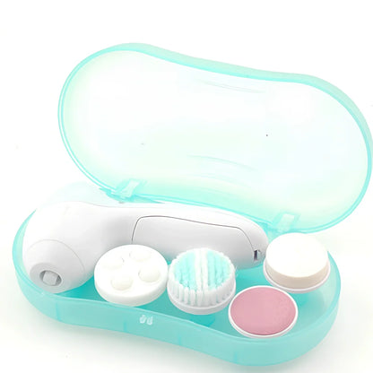 Pink electric facial cleanser device 130mm long with 5 attachments for pore cleaning and blackhead removal, battery operated