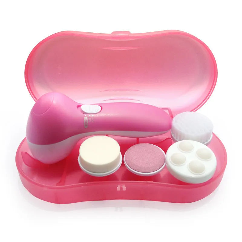 Electric facial cleanser brush with 5 attachments in pink, compact size, on white background