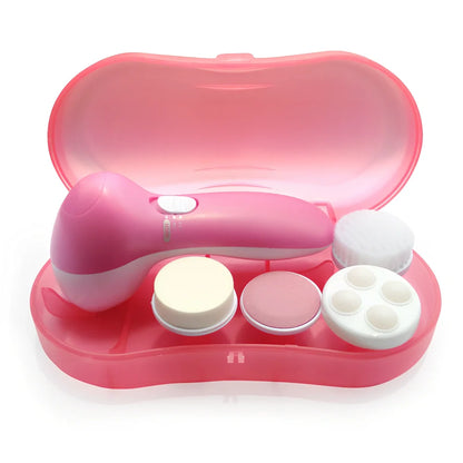 Pink electric facial cleanser device 130mm long with 5 attachments for pore cleaning and blackhead removal, battery operated