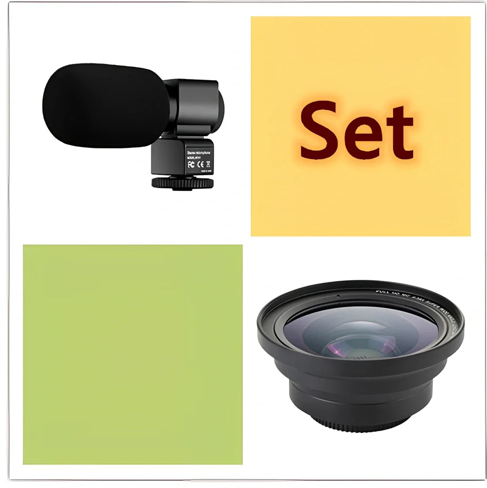 Black 3.0 inch touch screen 4K digital video camera with WiFi, remote, and 18x zoom lens