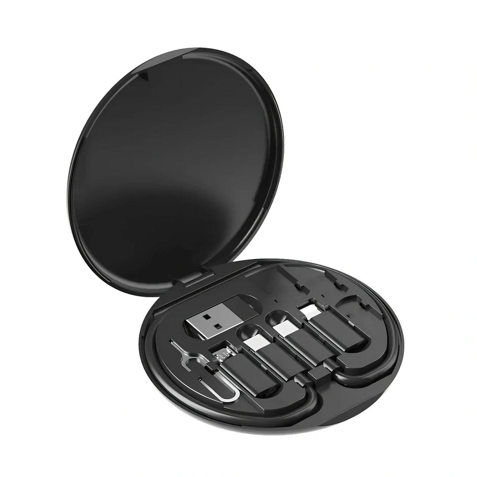 White 60W multi-function charging cable storage box with Type-C, Lightning, USB interfaces and card slots