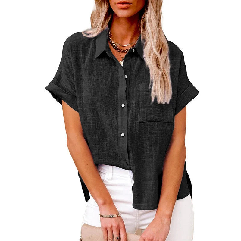 Women's cotton linen short-sleeved shirt with pocket in black, white, army green, and blue