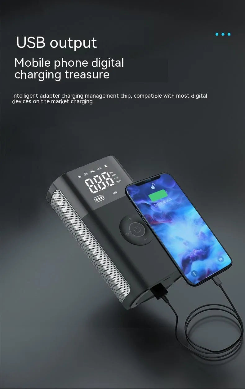 Handheld wireless digital tyre inflator with LCD screen and selection of nozzle adaptors.