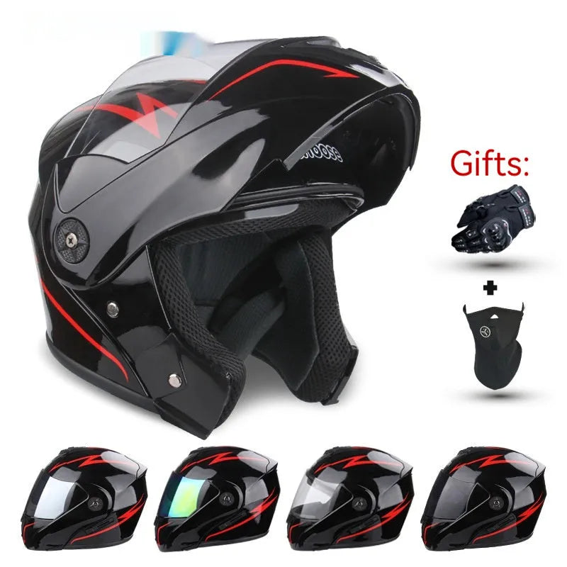 Electric motorcycle helmet with exposed double lens on an ABS plastic shell in a choice of colours.