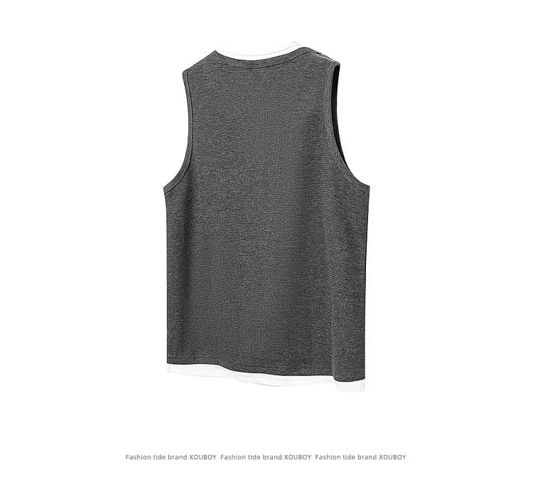 Loose cotton sports vest in black with straight hem, front view, summer fashion brand