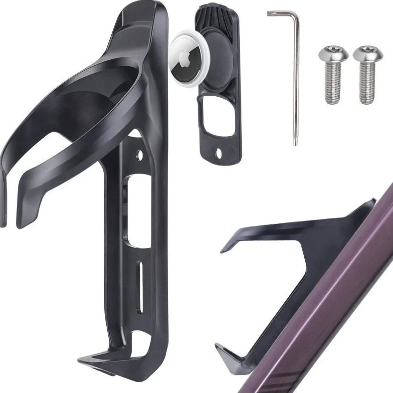 Bicycle water bottle cage with anti-theft screws and concealed Airtag tracking compartment