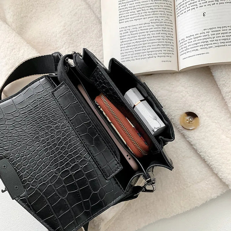 Vintage style PU crossbody bag in black, shown with dimensions for mobile phones and wallets