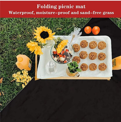 Compact waterproof picnic mat in red and blue, featuring a hand-woven carrying belt