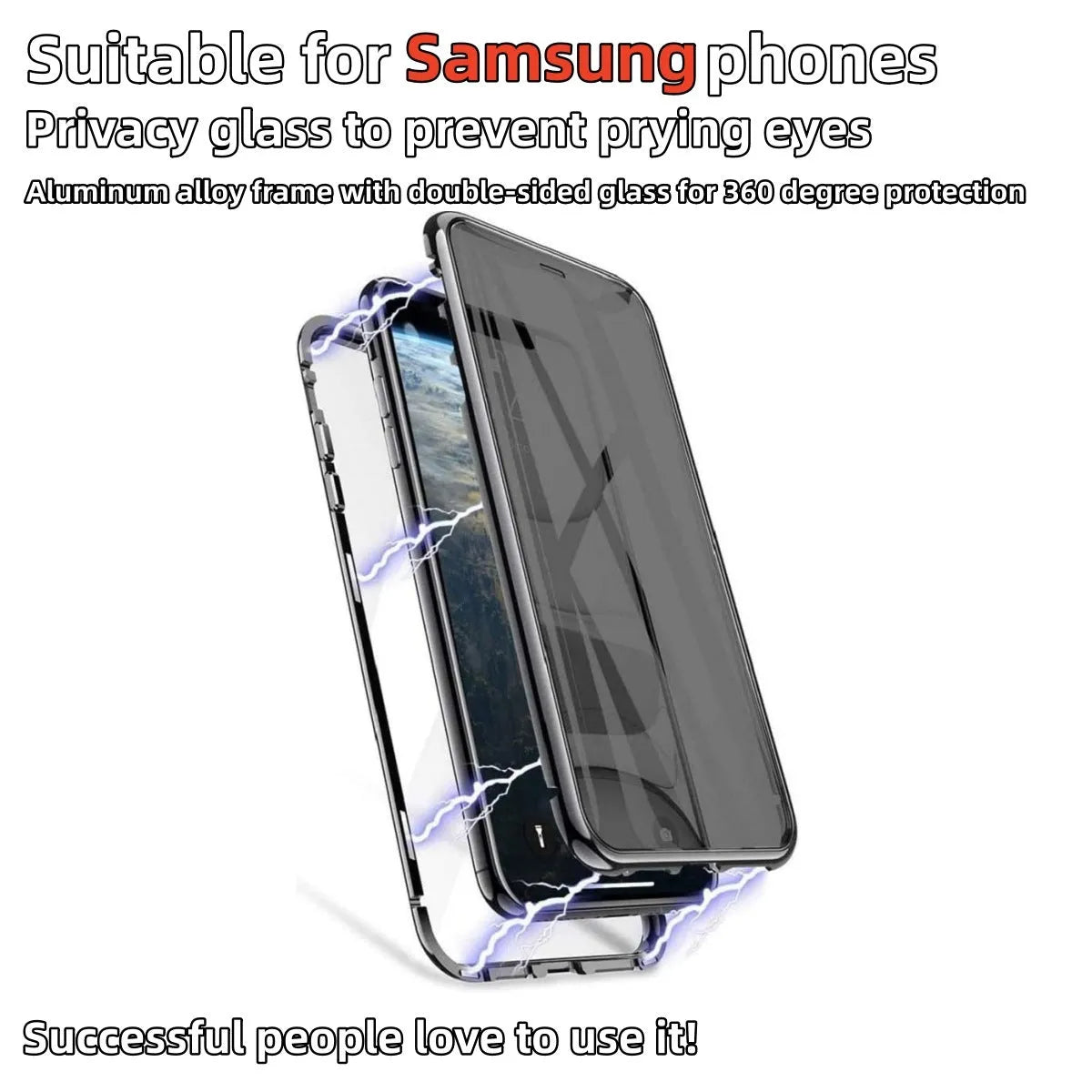 Peep-proof phone case for Samsung Galaxy S25 in Black with double-sided glass and metal frame
