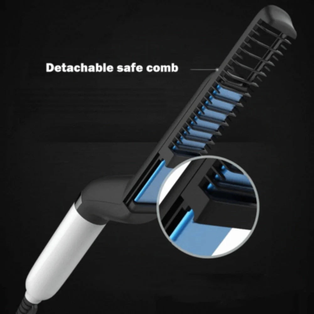 Electric hair straightener brush for men with quick heating feature and protective comb cover