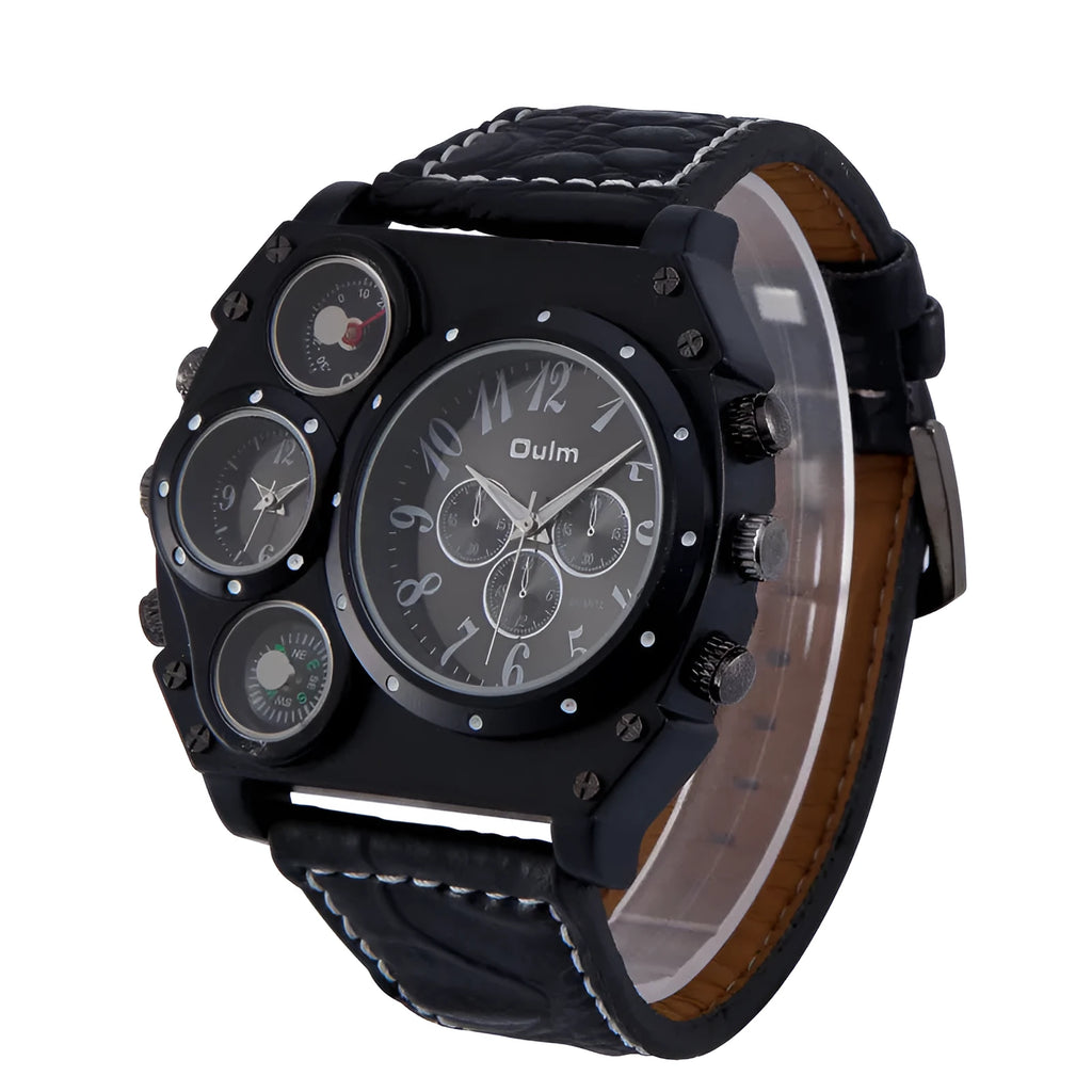 Two Places Travel Time Watch casual mens with brown/black dial, luminous hands, PU strap