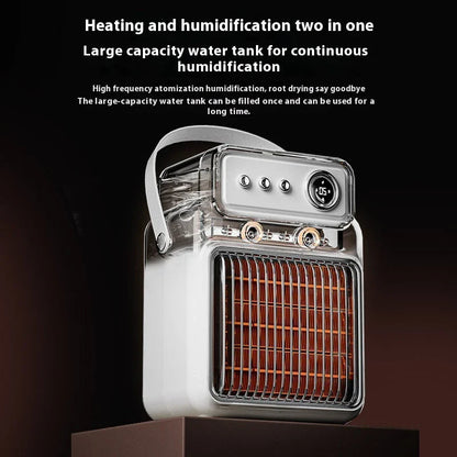 A modern, white electric heater and humidifier with a control panel and mist output