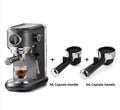 Espresso coffee machine in dark gray with steam wand and control panel on kitchen counter