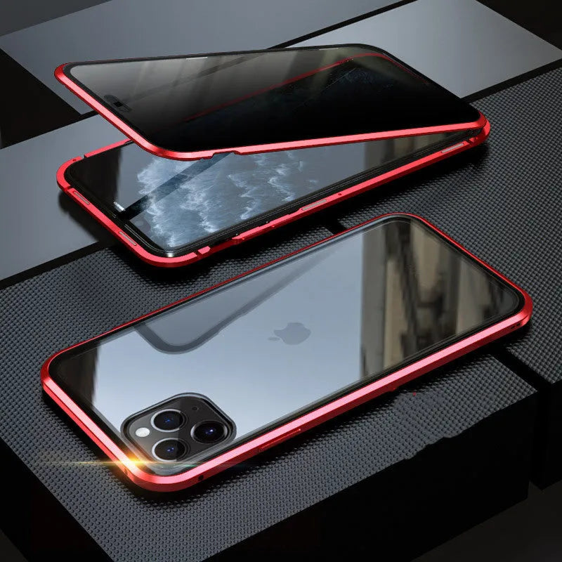 Glass anti-spy clamshell phone case in multiple colours for iPhone models.