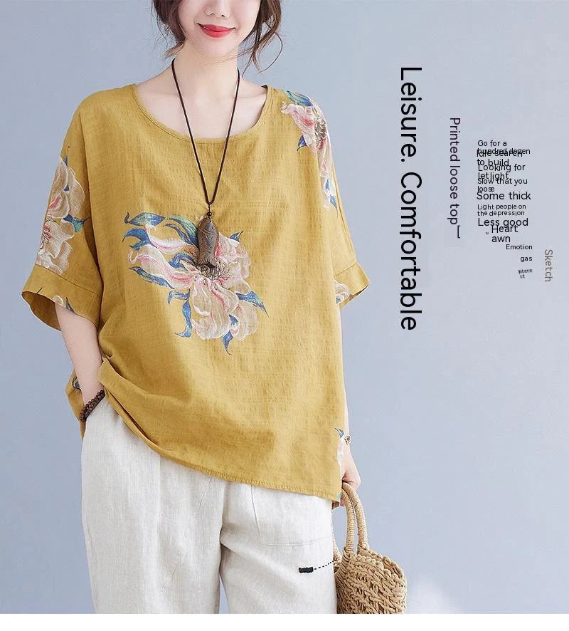 Korean cotton hemp half sleeve top with printing pattern in yellow and orange