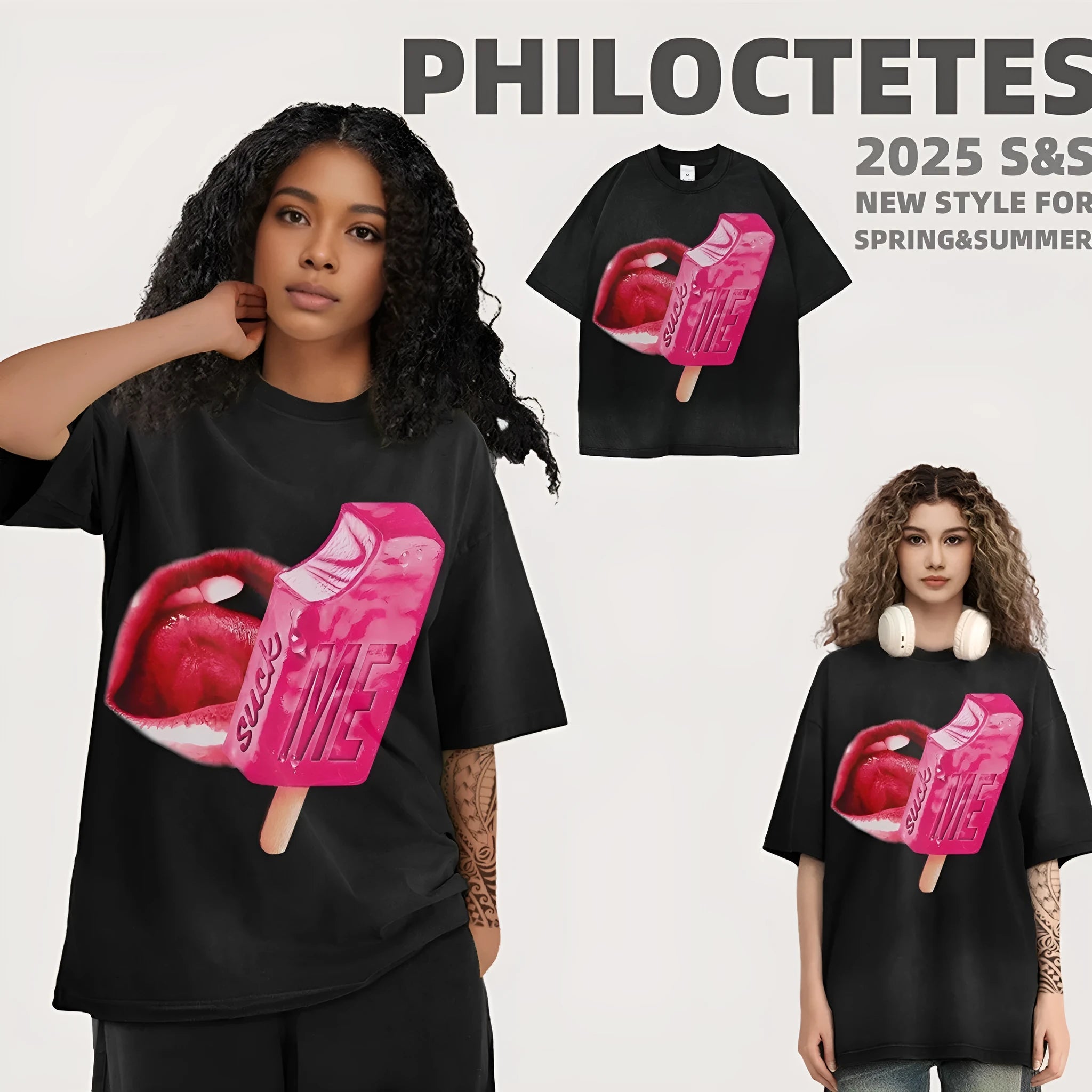 Loose fit heavy washed cotton T-shirt with a cartoon print, shown in multiple colour options.