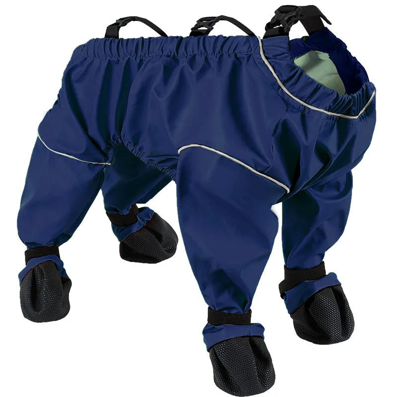 Dog wearing a waterproof PU jumpsuit in dark blue with soft bottom and non-slip design