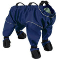 Dog wearing a waterproof PU jumpsuit in dark blue with soft bottom and non-slip design