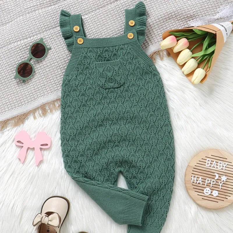 Infant solid colour flounced sleeve sling romper jumpsuit in knitted polyester double breasted design