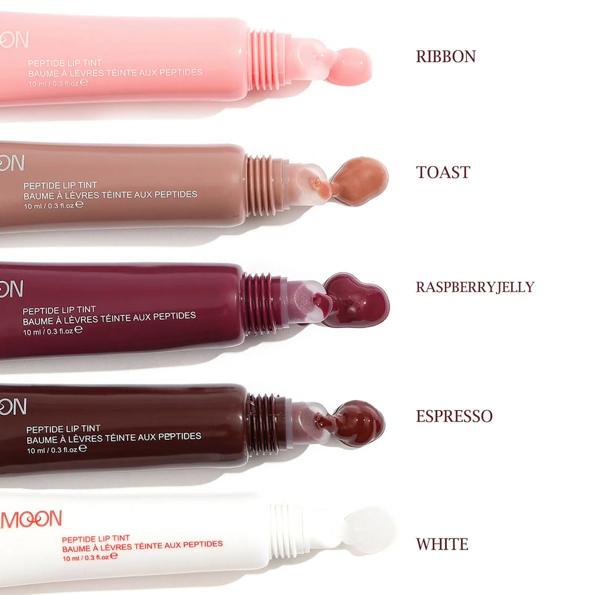 Glossy lip glaze in 10ml tube with water-resistant mirror finish, available in five colours including ribbon and espresso