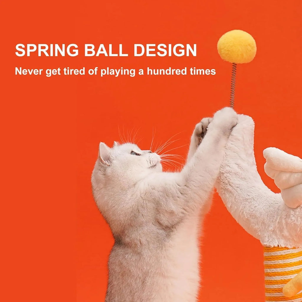 Yellow sisal vertical cat scratching post with chicken strip design and spring ball