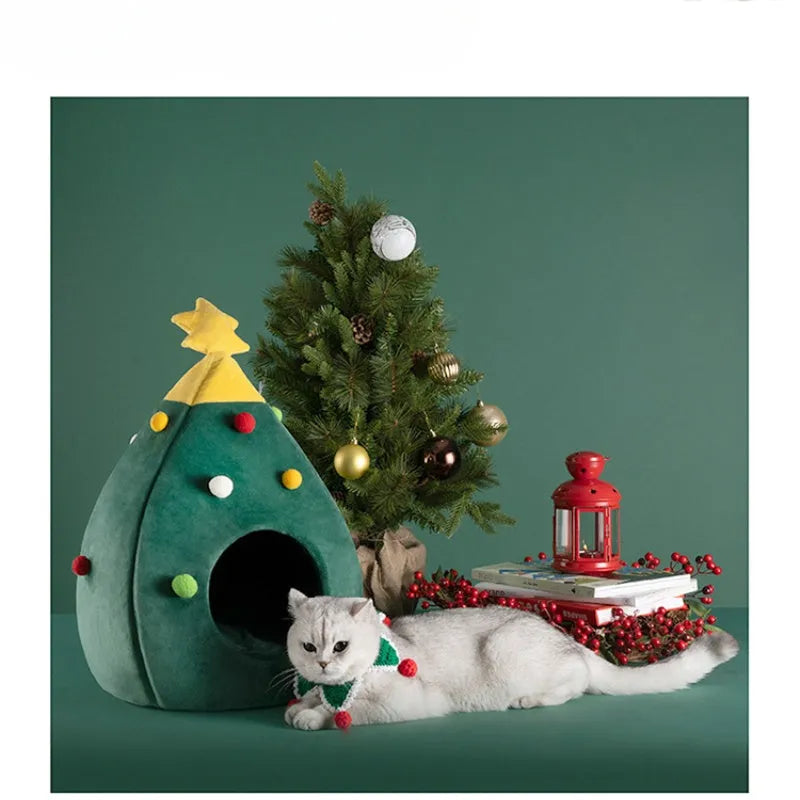 Christmas tree-shaped pet cave bed with plush fabric in three size options for cats and small dogs