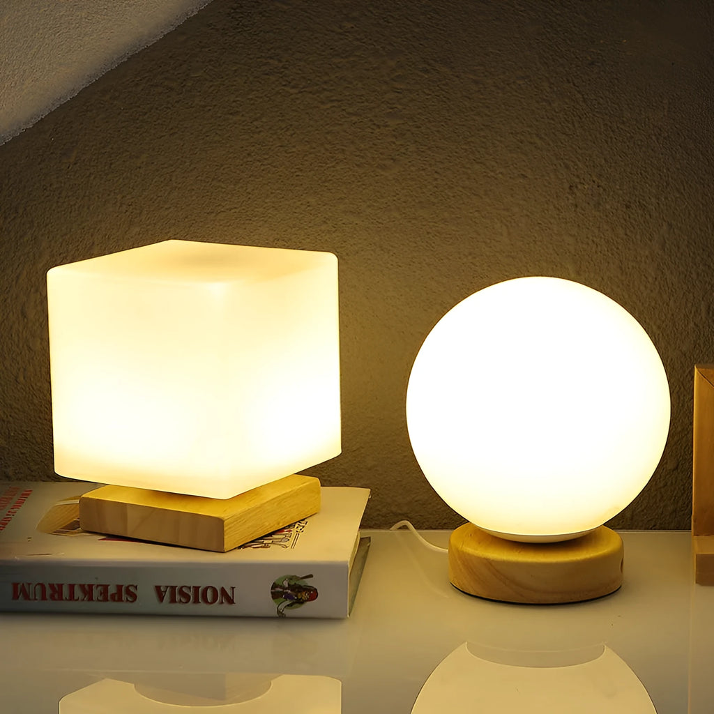 Nordic solid wood USB table lamp with flower-shaped design and touch dimming control