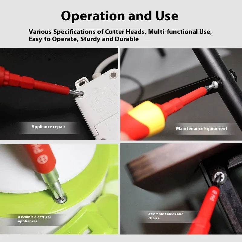 26-in-1 electrician screwdriver set with red plastic handle, magnetic Cr-V steel bits, and T20 cutter head on a white background