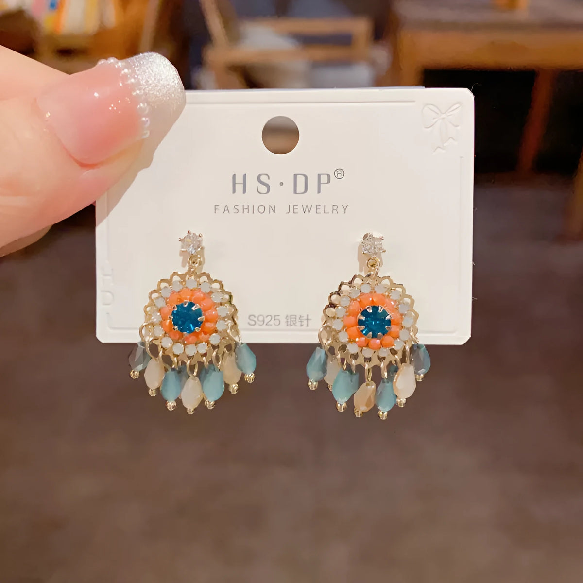 Purple and blue diamond embedded round crystal tassel earrings with thick gold plating