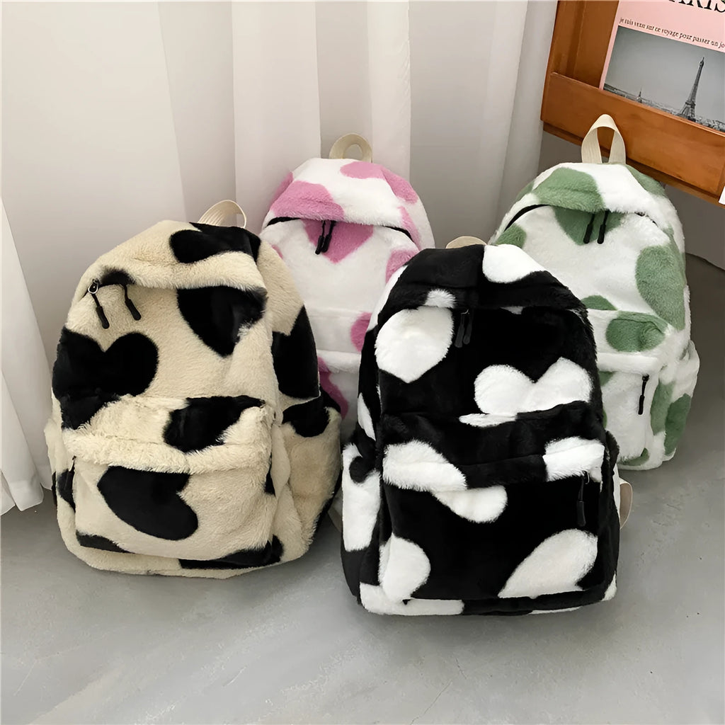 Plush furry backpack in khaki with heart-shaped pattern and front pocket, soft daypack for women
