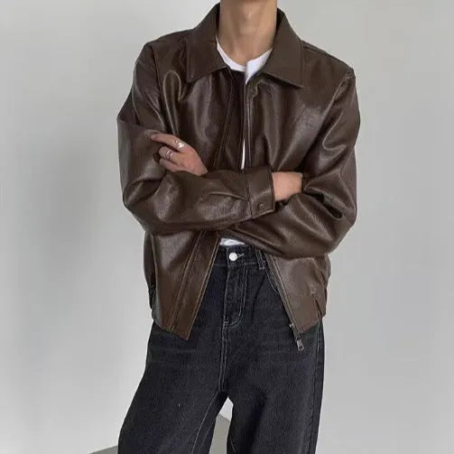 Korean-style brown PU leather jacket with straight hem, shown front view, available in sizes M to XXL