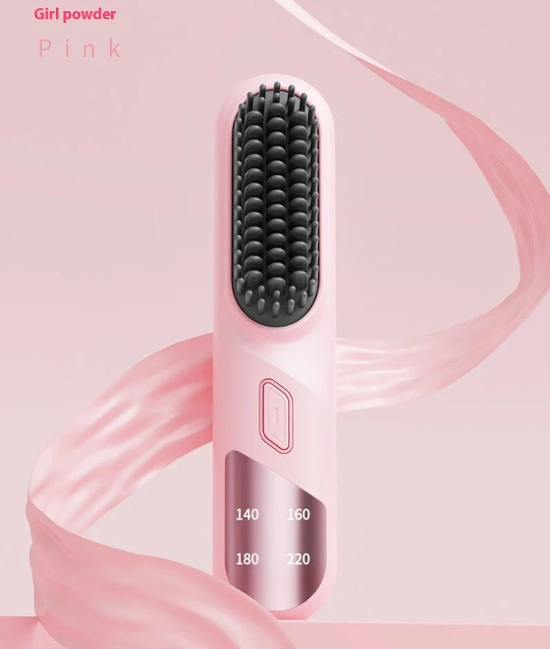 Cordless hair straightener brush in pink, black, and purple options for wet and dry hair styling