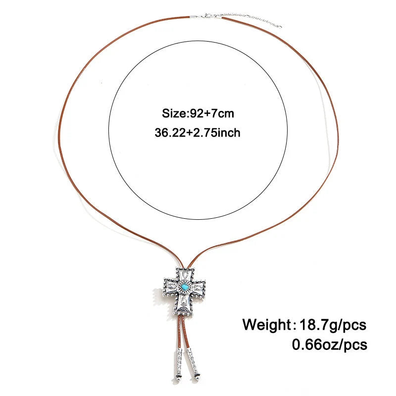 Retro Turquoise Cross Necklace with heart-shaped alloy pendant