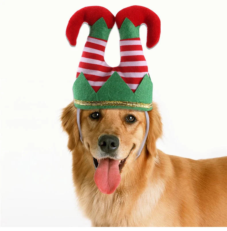 Adjustable Christmas hat for dogs with striped design, soft flannel lining