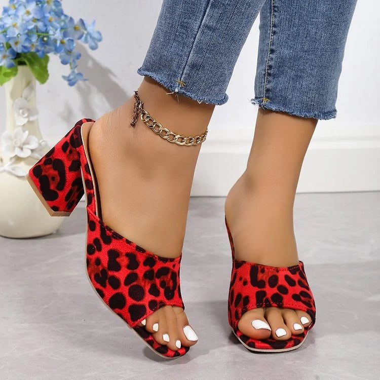 Leopard print square toe sandals with chunky heel for women in white, red, and camel