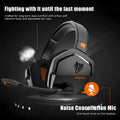 Black and orange wireless gaming headset with 50mm drivers showing ear cushions and headband design