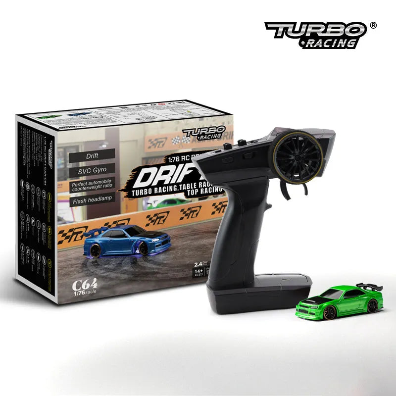 Turbo Racing C64 blue 1:76 scale drift RC car with P21-SVC radio remote control