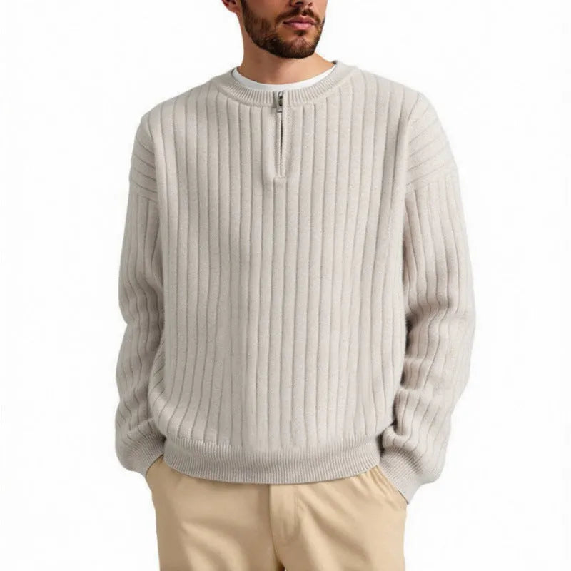 Men's grey half zipper loose pullover sweater with textured knit pattern and long sleeves