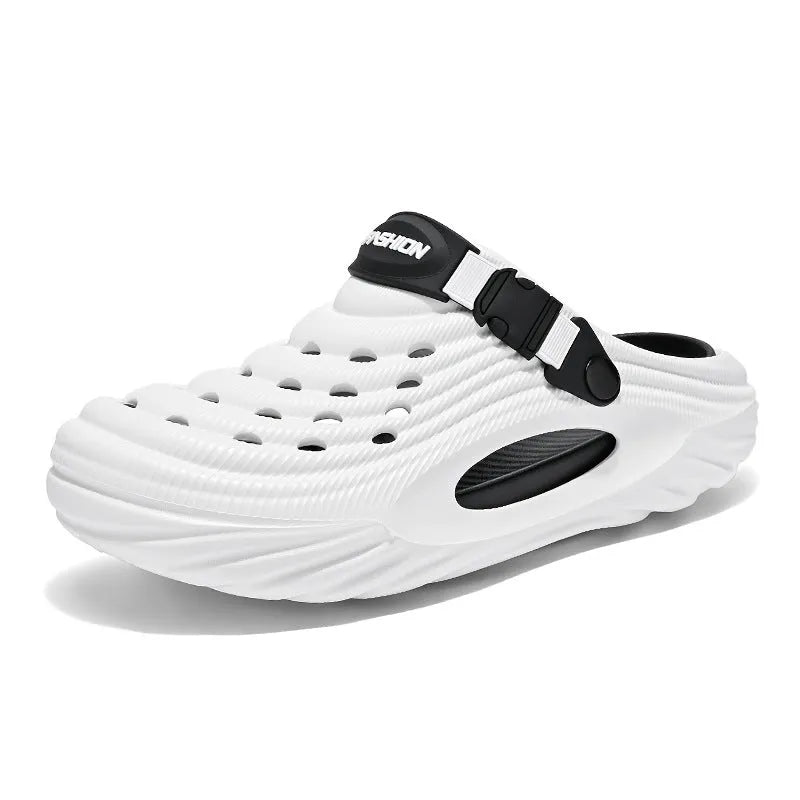 Men's white EVA platform slippers with hollow out design on a casual background
