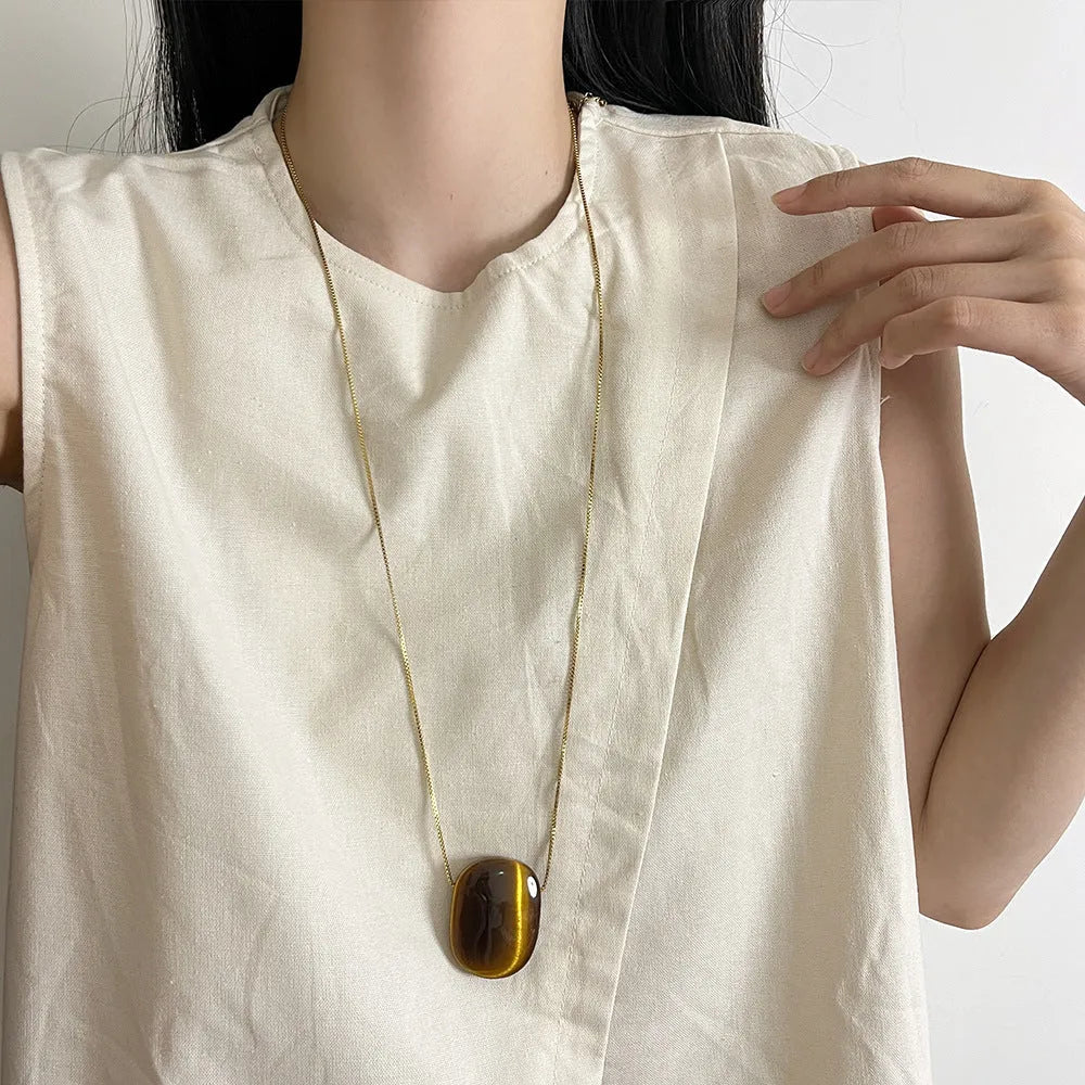 Square tigereye pendant necklace on a long alloy chain, coffee colour, geometric design, 70cm length