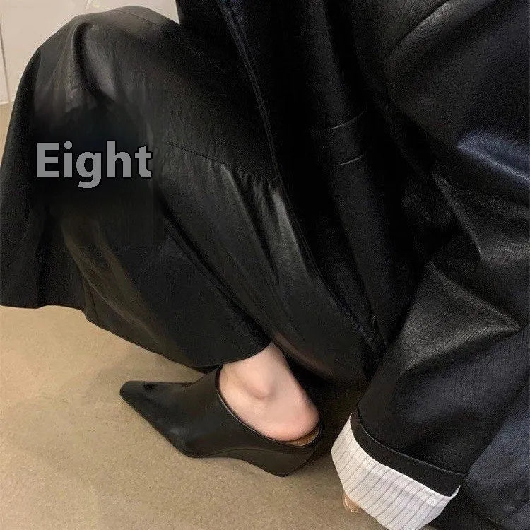 Women's black wind wedge closed toe half slipper made of PU material