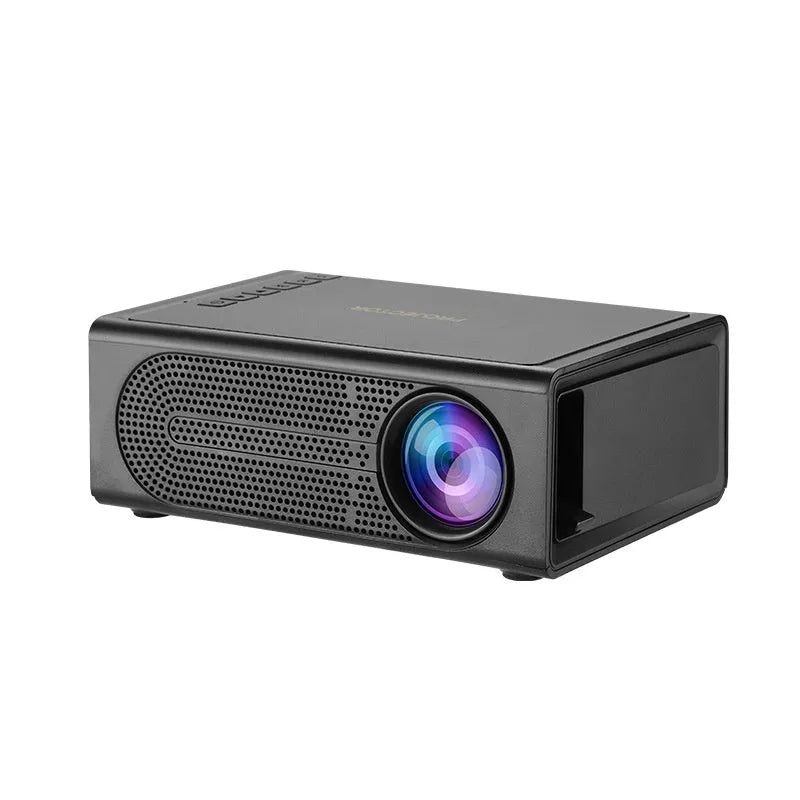 Portable mini projector in black with wired cable for mobile phone screen mirroring