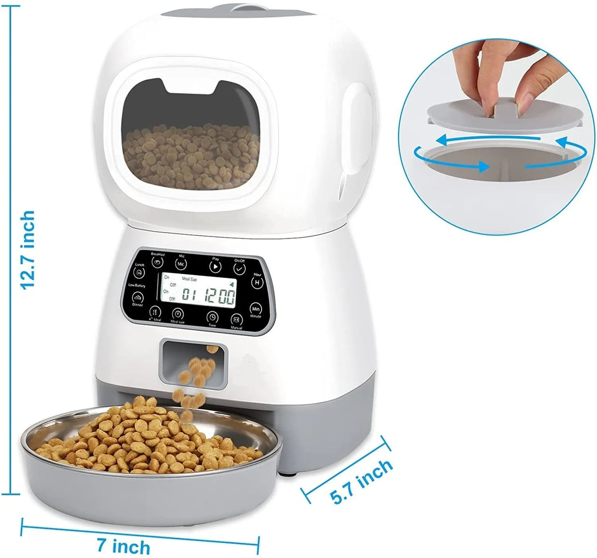 White ABS pet automatic feeder with button or WiFi control, suitable for dogs and cats