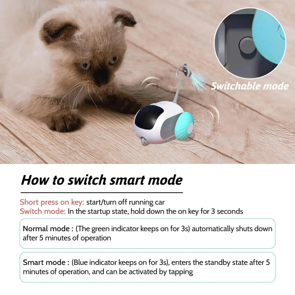 Smart electronic cat toy car with feather attachment on hard floor
