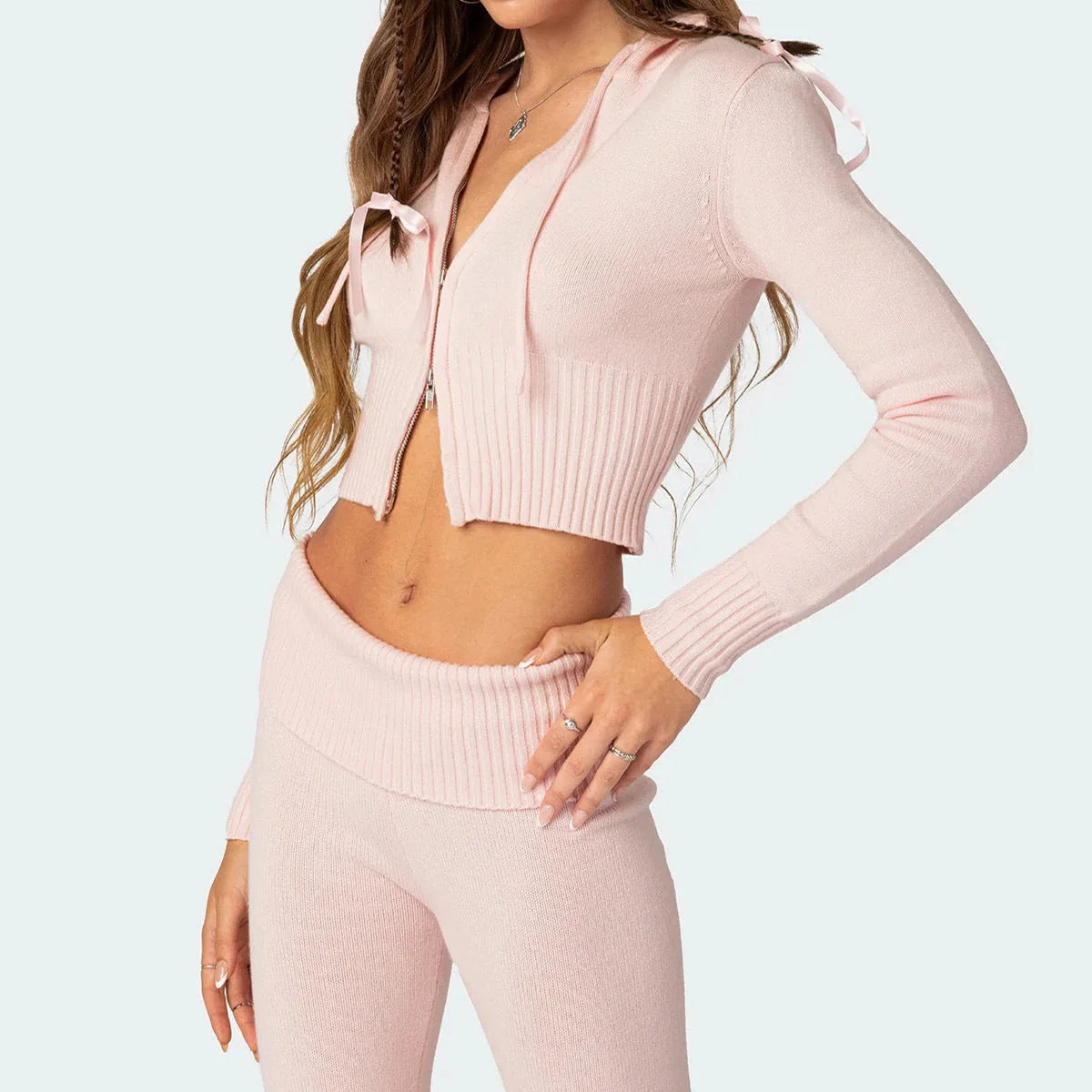 Women's knitted hooded suit with zipper cropped top and slim flared pants in street fashion style