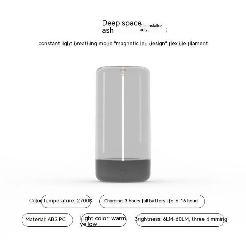 Rechargeable LED camping light with transparent cover and flexible filament in various colours
