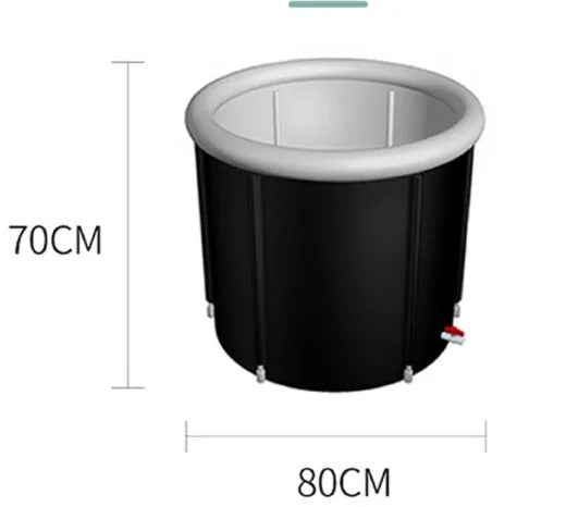 Black inflatable PVC ice bath tub measuring 70x80cm with weather lid and insulation for cold therapy