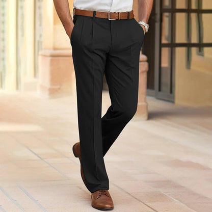 Men's straight cut trousers in navy blue, black, gray, and khaki for office wear