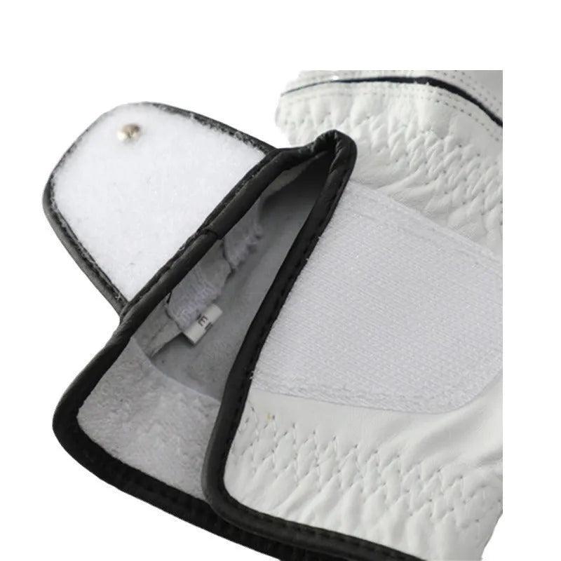 A single white men's golf glove made from half sheepskin leather, shown flat.